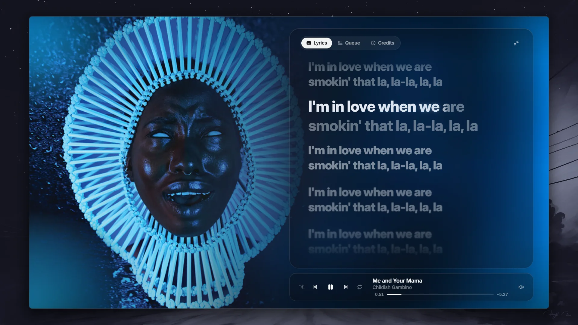 Musique in immersive mode with lyrics beside the album artwork
