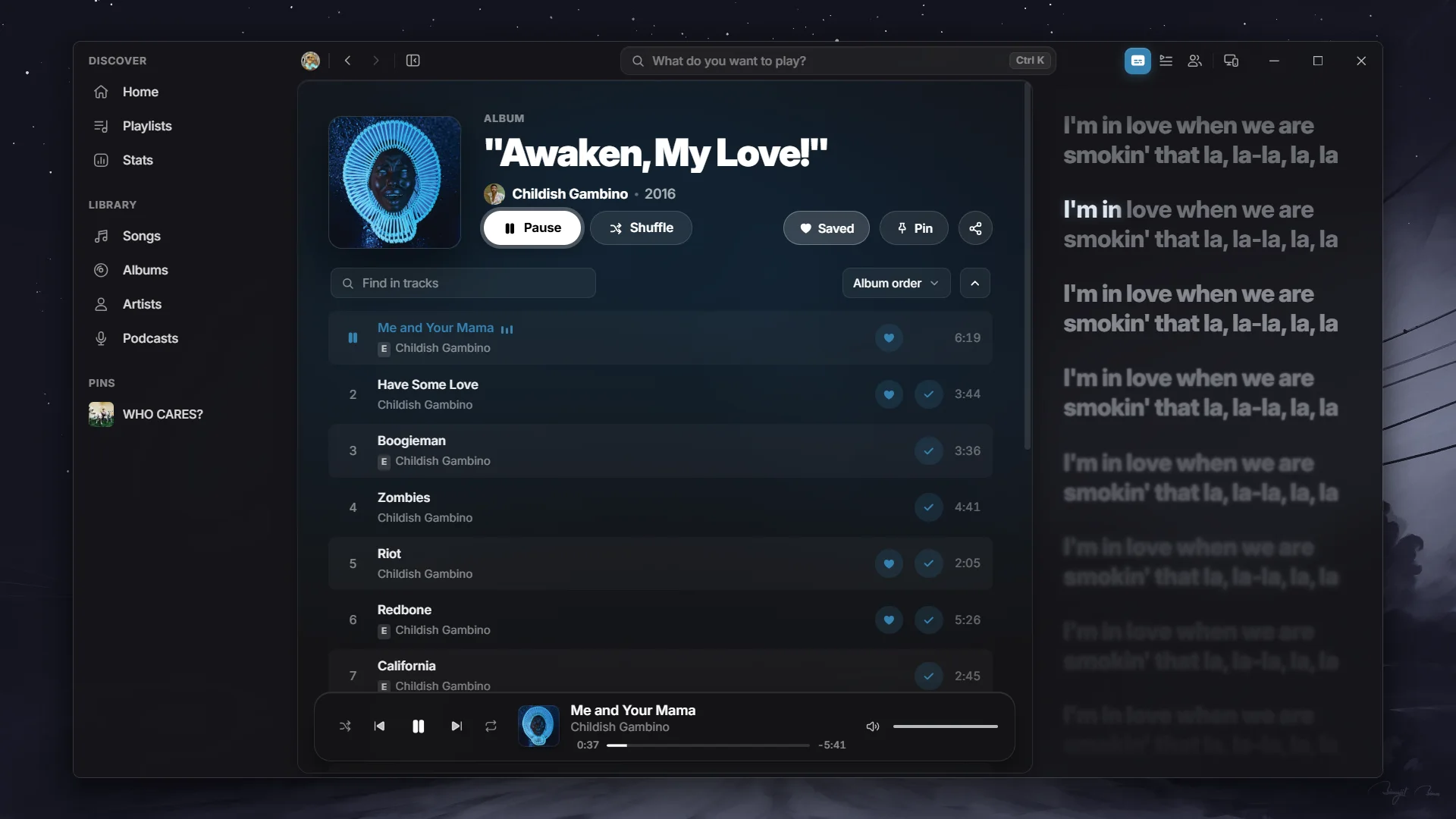 Musique with synced lyrics beside the album view